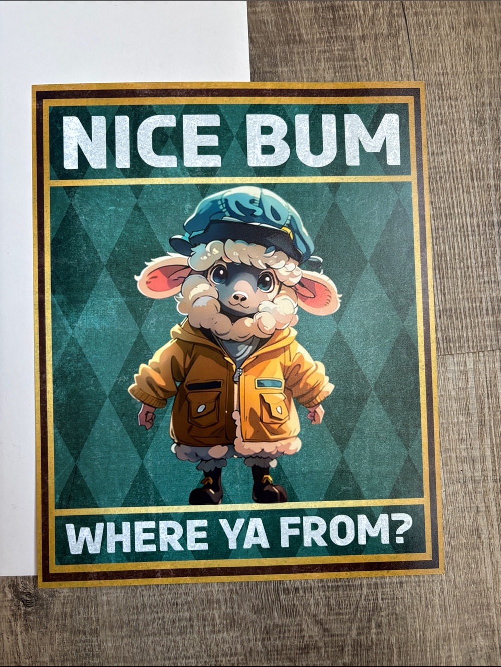 Nice Bum Sheep Poster – Green Background, Yellow Jacket